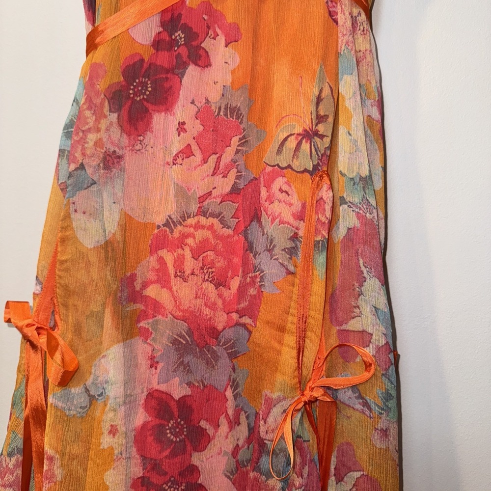 JOHNNY WAS 100% Silk Maxi Dress Sz S Orange Floral Tiered Lined Boho Ribbon Slip - Picture 16 of 16